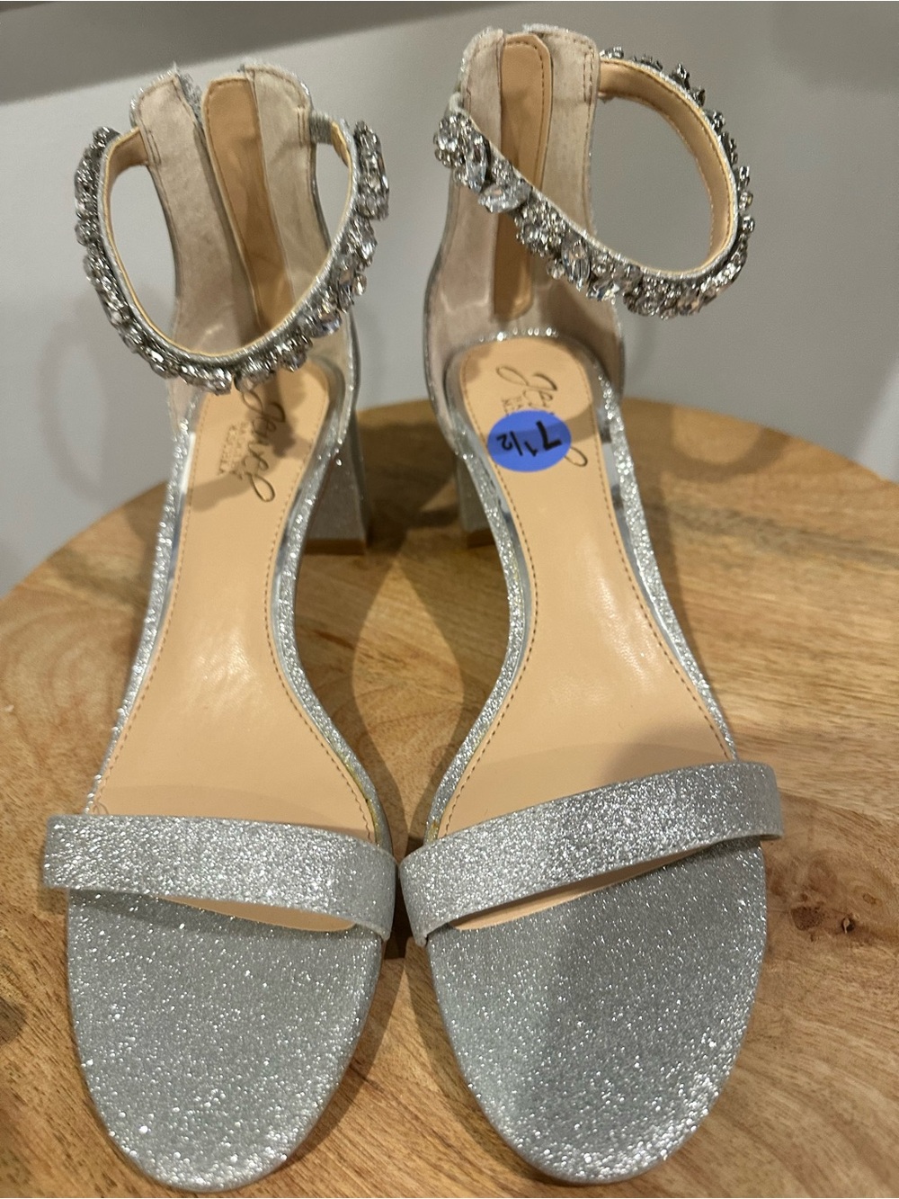Jewel Badgley Mischka Silver Glitter Crystal Ankle-Strap Heels